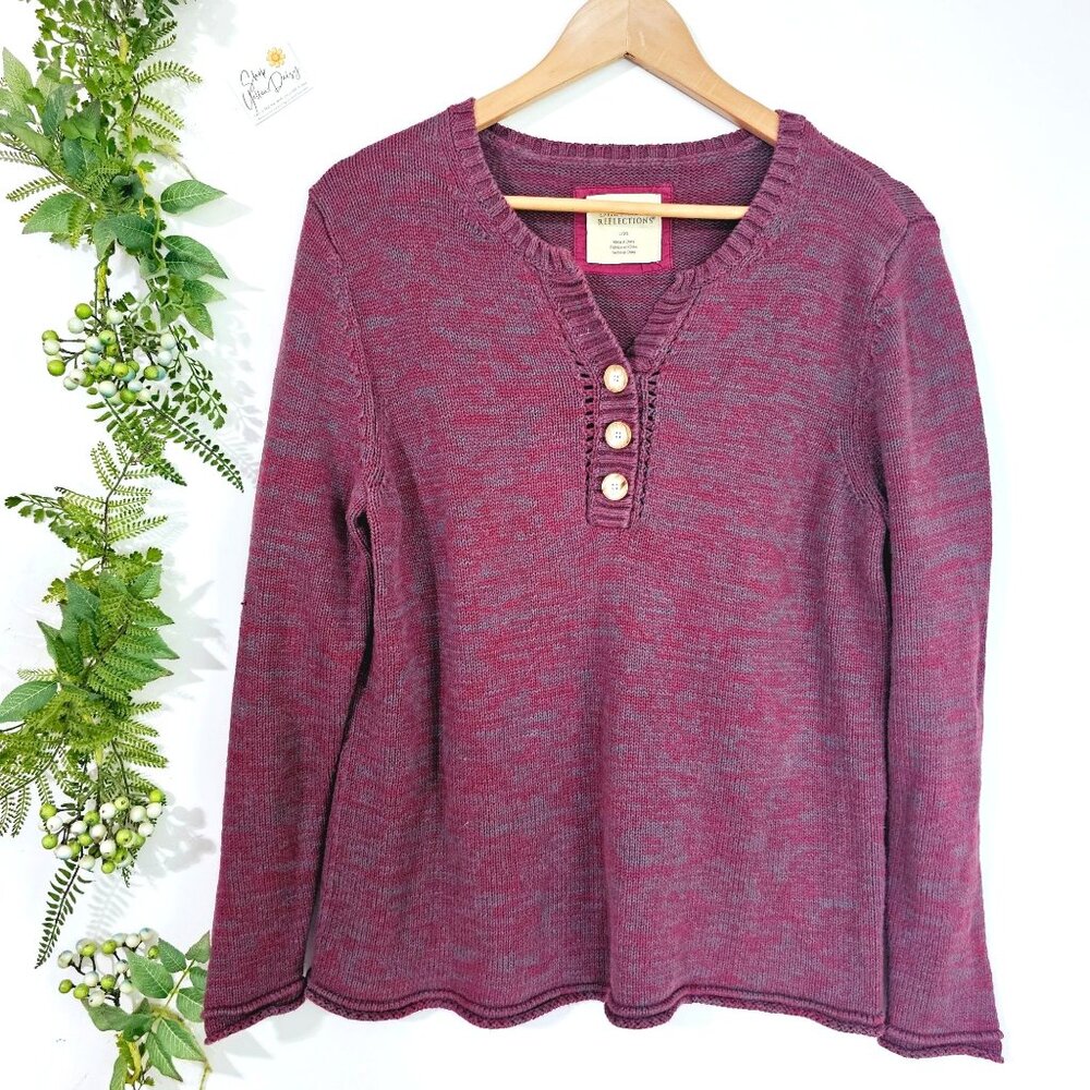 Natural Reflections Henley Sweater Burgundy‎ Space Dye Cotton Knit Pullover L